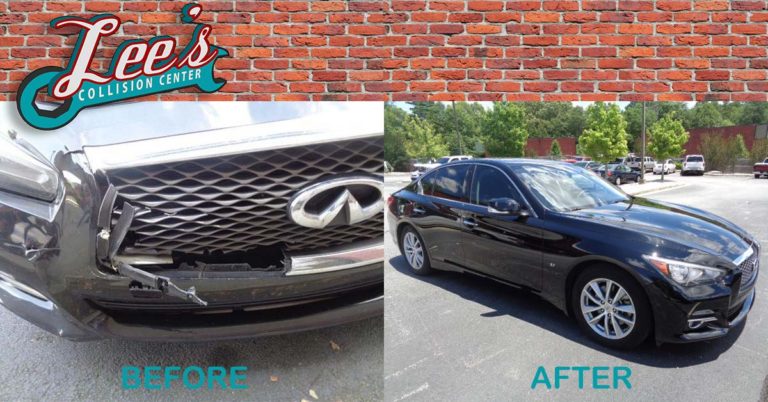 Before and After Infinity Q50 repair by Lee's Collision Center.