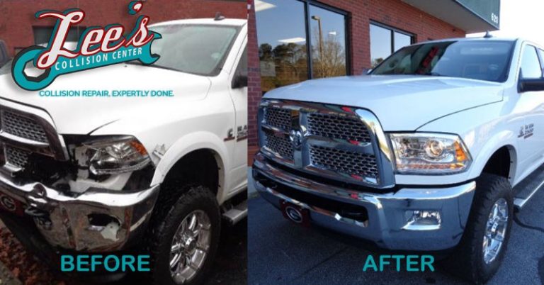 Side-by-Side Comparison of a Truck with Front Damage After Repair